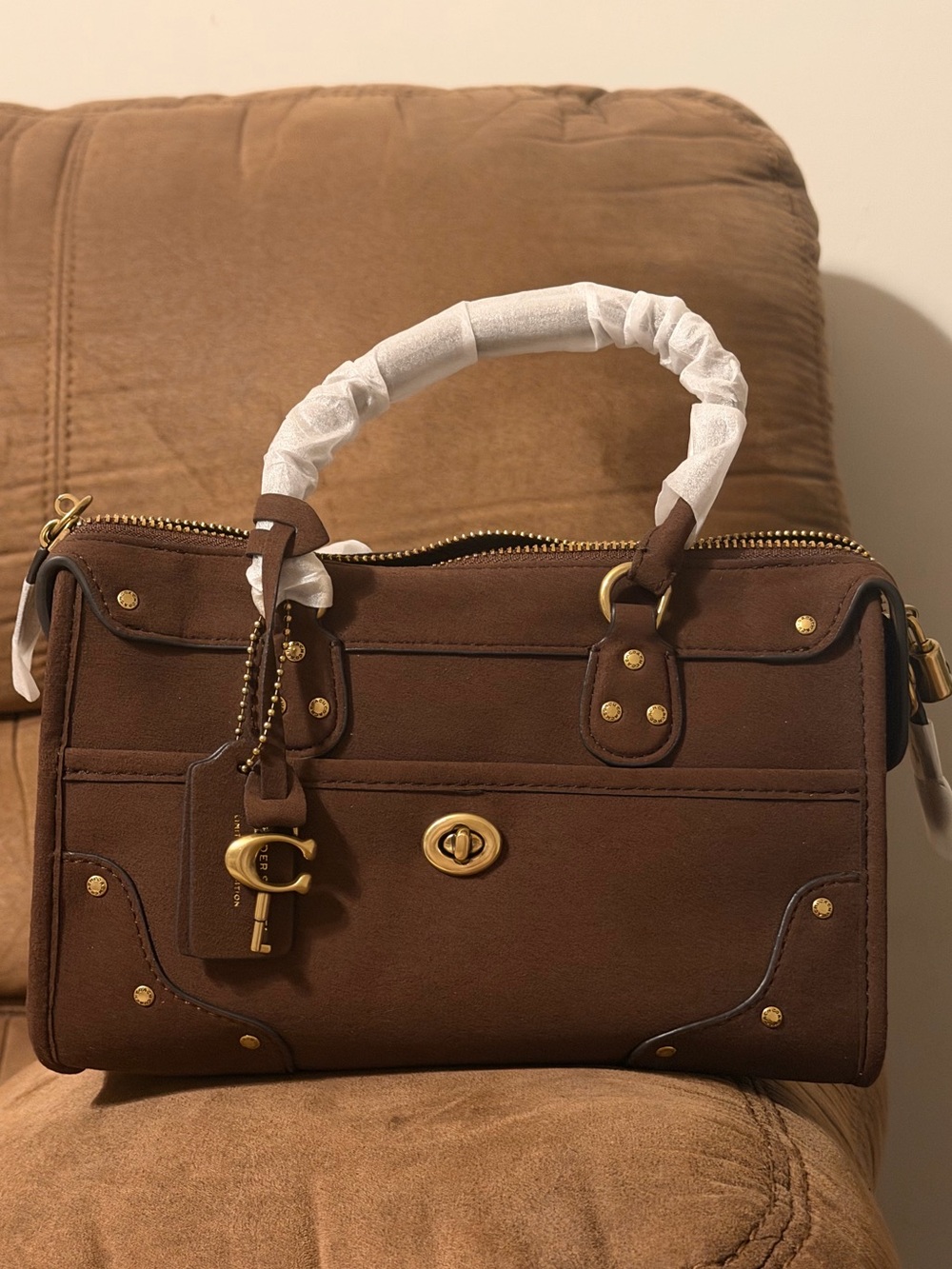 Coach Brown mini suede Satchel with Gold-Tone Hardware